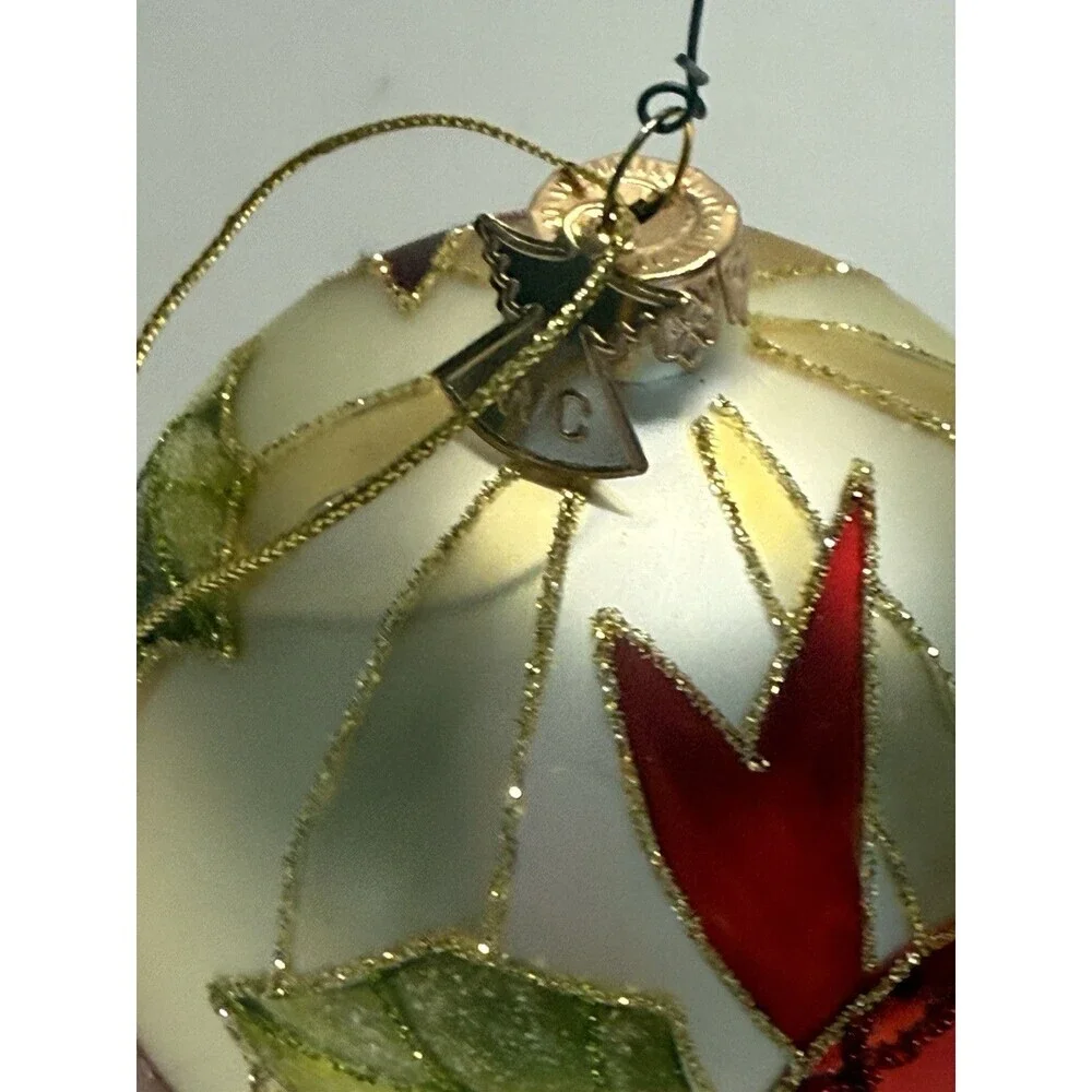 VTG W.C Gold Teardrop Christmas Ornament Hand Painted Berry Holly Glitter Glass